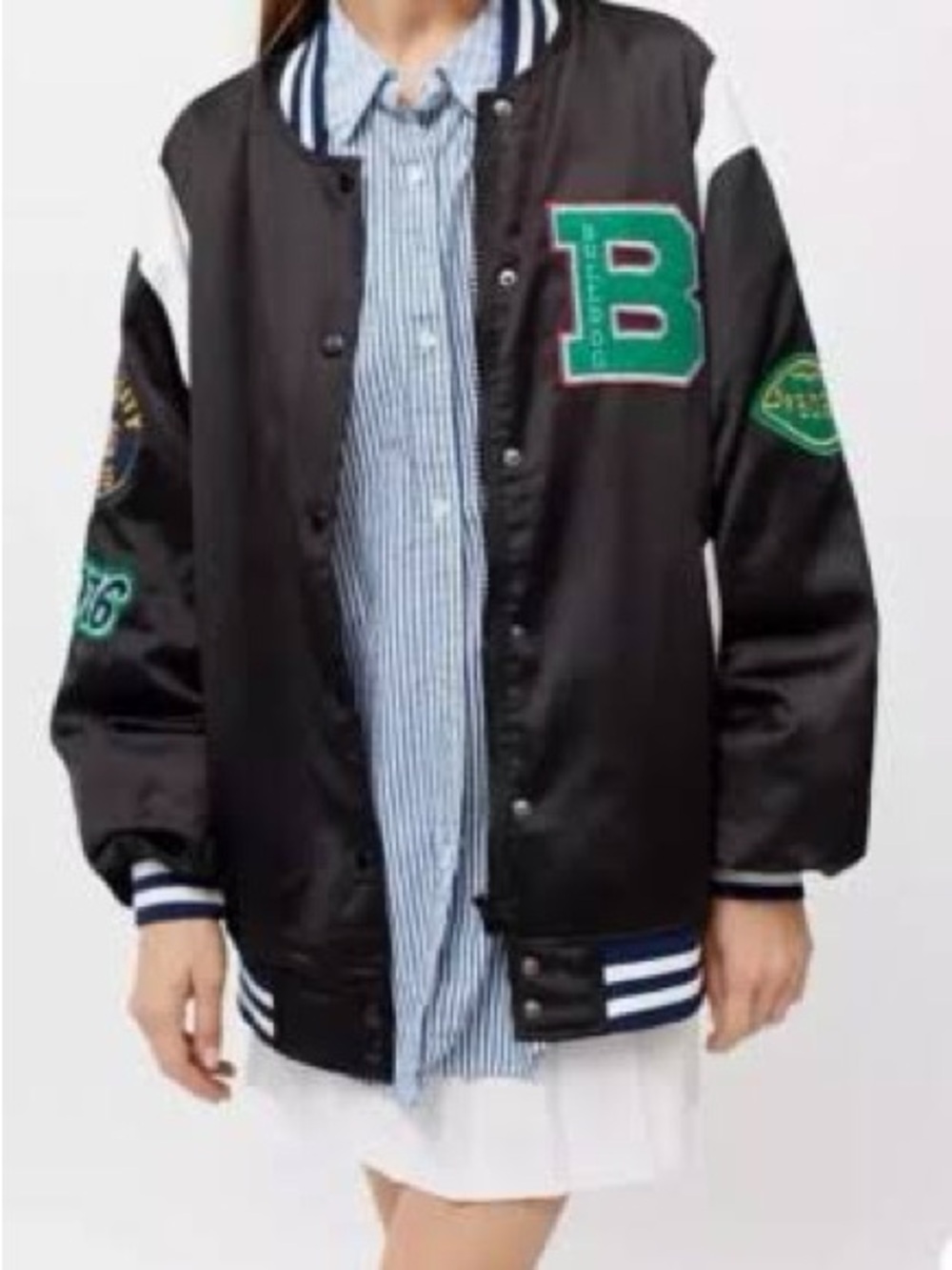 BDG Urban Outfitters Faye Satin Oversized Varsity Jacket-Womens Black-Patches